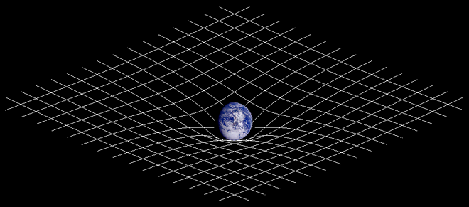 Veranschaulichung der Krümmung des Raumes durch Gravitation <a href="https://commons.wikimedia.org/wiki/File:Spacetime_curvature.png#/media/File:Spacetime_curvature.png">Spacetime curvature</a>. Licensed under <a href="http://creativecommons.org/licenses/by-sa/3.0/" title="Creative Commons Attribution-Share Alike 3.0<p></p>">CC BY-SA 3.0</a> via <a href="//commons.wikimedia.org/wiki/">Wikimedia Commons</a>.