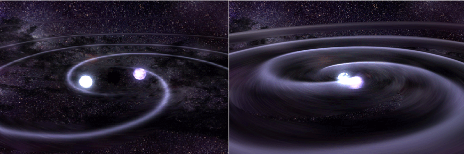 Zwei massive Objekte umkreisen einander - eine Voraussetzung für mit heutiger Technik detektierbare Gravitationswellen Dana Berry [Public domain], via Wikimedia Commons (Quelle)