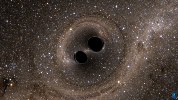 Verschmelzung zweier schwarzer Löcher, Quelle: SXS, the Simulating eXtreme Spacetimes (SXS) project (http://www.black-holes.org)
